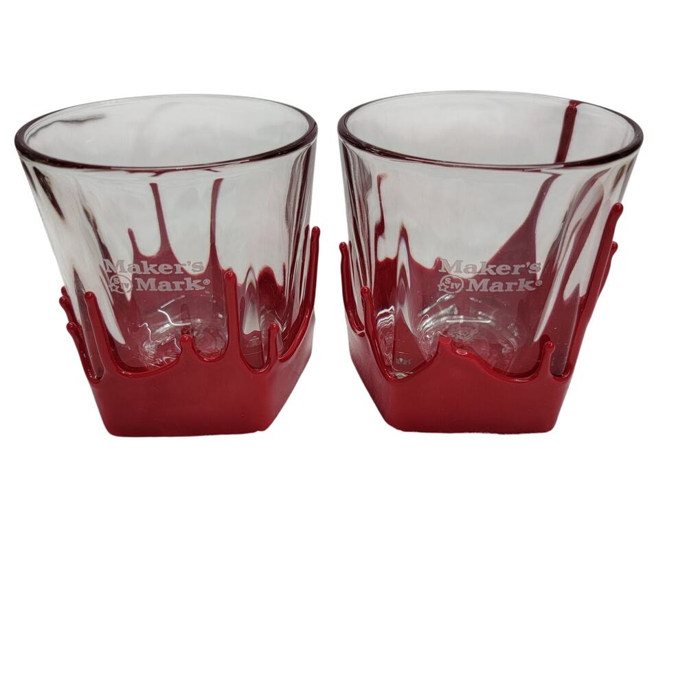 Maker's Mark Red Wax Dipped Rocks Glass Set of 2 Bourbon Whiskey Glasses Square